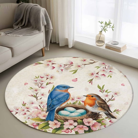 Birds Floral Round Rug 3ft Washable Circle Entryway Rugs Non Slip Farmhouse Vintage Pink Flower Leaf Area Rug Indoor Floor Carpet for Bedroom Kitchen Living Room Home Office Dining Room Nursery