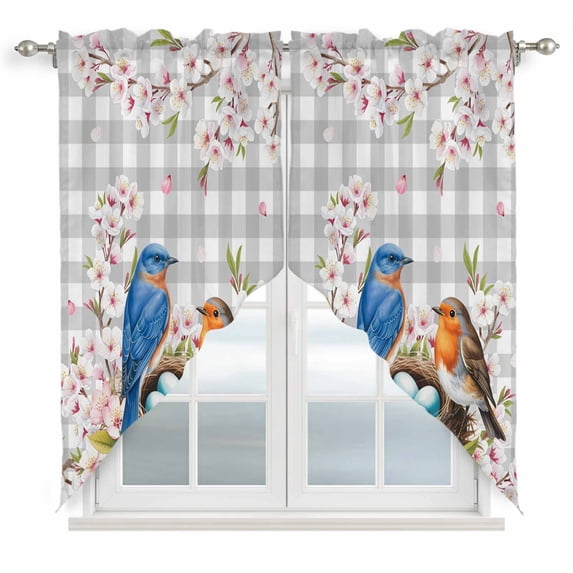 Birds Floral Swag Valances for Windows, Kitchen Curtains 36 Inch Length 2 Panels Set, Farmhouse Country Pink Flower Leaf Grey Plaid Short Curtains for Small Windows Rod Pocket Cafe Curtains 28"x36"