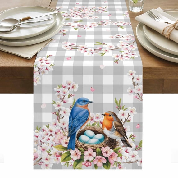 Birds Floral Table Runner - 36 Inch Long, Kitchen Dining Table Runner Dresser Scarves, Farmhouse Country Pink Flower Leaf Grey Plaid Farmhouse Decor for Coffee Tables Wedding Party Banquet