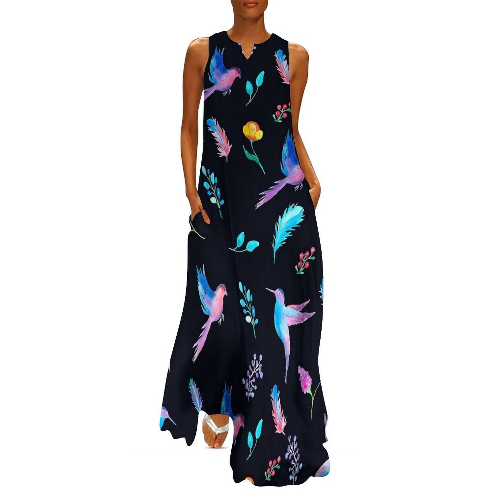 Birds Flower Dress Vintage Print Sexy Maxi Dress Aesthetic Boho Beach
