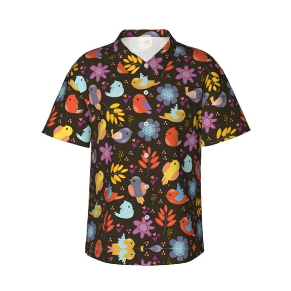 Birds Flower Hawaiian Shirts For Men, Summer Short-Sleeve Relaxed-Fit Button-Down Shirts Medium