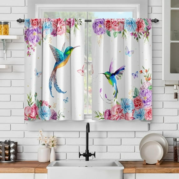Birds Flower Kitchen Curtains: Spring Butterfly Botanical Short Cafe Curtain Decor for Dining Room Bird Floral Tier Curtains Decor Rod Pocket Window Drapes 24 Inch Length 2 Panels Set