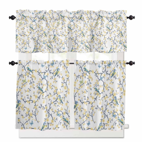 Birds Flower Kitchen Curtains Valances and Tiers Set of 3 Watercolor Country Bluebird Butterfly Yellow Floral Branches Tier Curtains and Valance for Small Windows 27.5"W x 24"L (Pack of 3)