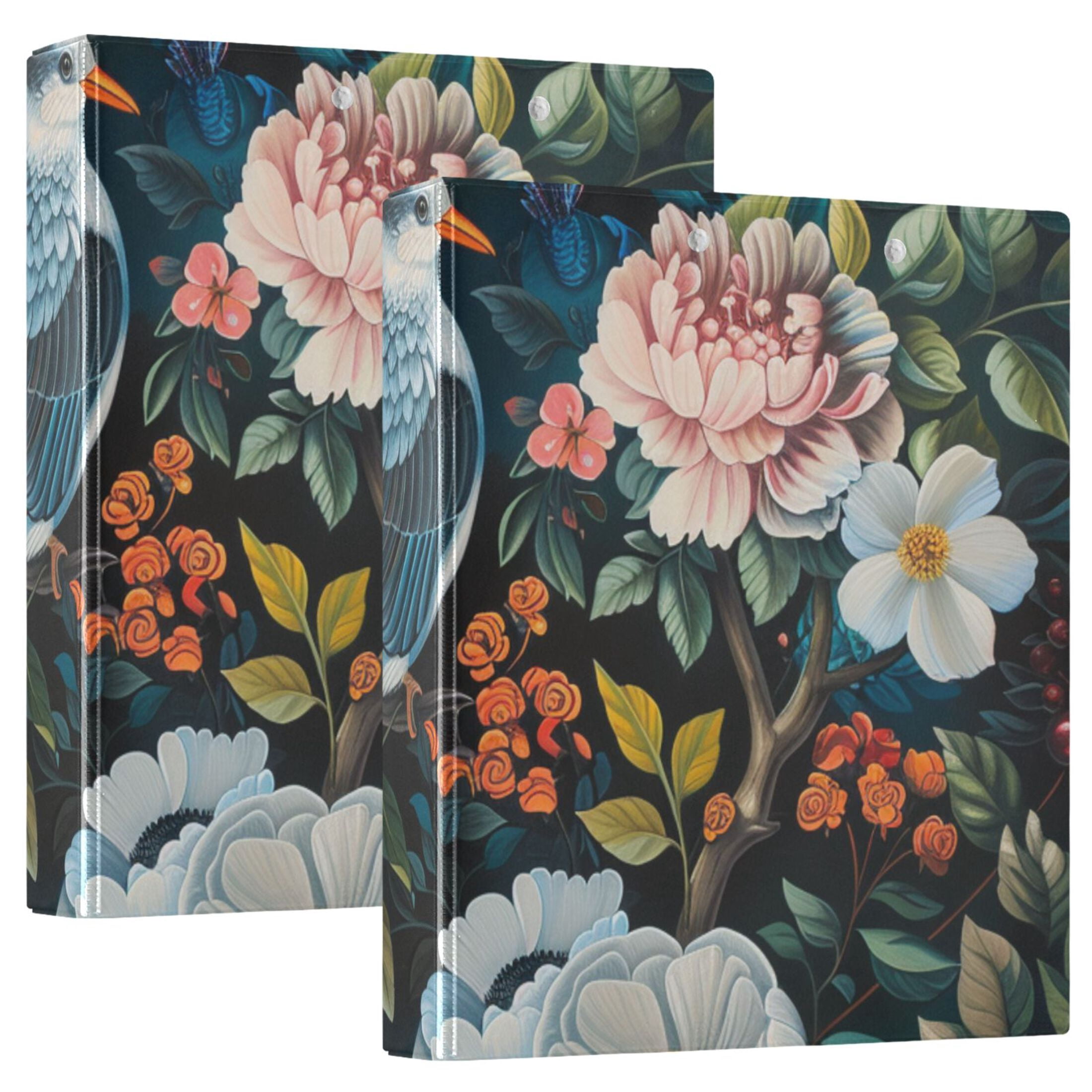 Birds Flowers 3 Ring Binders 1.5 inch Hardcover File Folders with Interior Pockets A4 Size Organizer for School Office Hospital