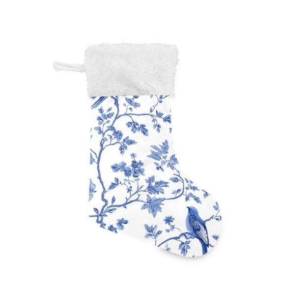 Birds Flowers Blue Ink Painting Christmas Stockings Large Capacity 18 inch Gift Bag with Hook Xmas Holiday Decor 1 Pack