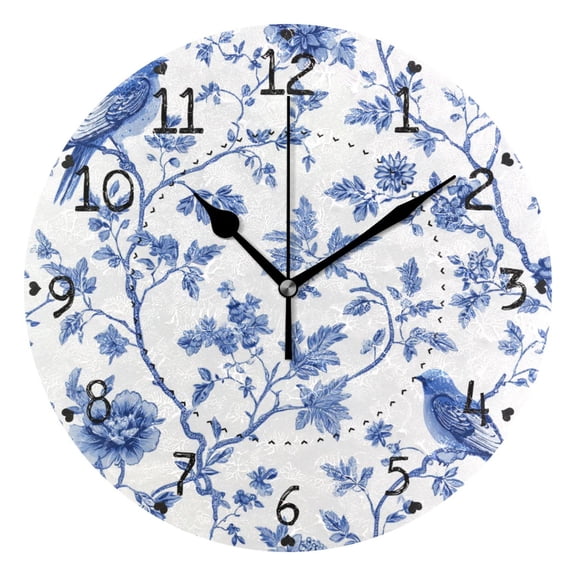 Birds Flowers Blue Ink Painting Round Wall Clock Silent Analog Battery Operated Black Pointer Home Decor 9.84" Diameter