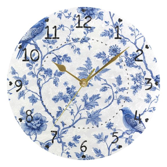 Birds Flowers Blue Ink Painting Round Wall Clock Silent Analog Battery Operated Gold Pointer Home Decor 9.84" Diameter