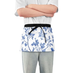 Birds Flowers Blue Ink Painting Short Server Apron with 3 Pockets for Unisex Chef Gardening