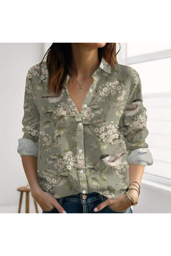 Birds Flowers Bows Linen-Look Shirt, Botanical Blouses Tops, Vintage Garden Women Shirt, Nature Love Casual Shirt, Summer Gifts, Button Up Shirt, Blouses Tops Women, Gift for Mother