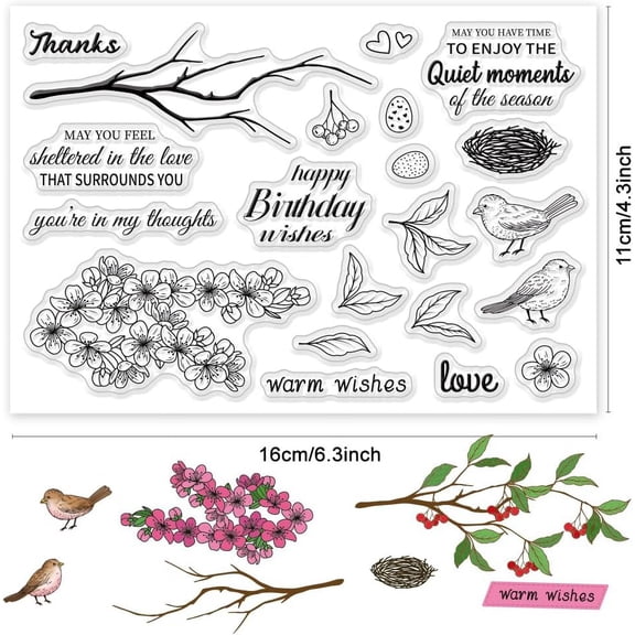 Birds Flowers Clear Stamps for Card Making Tree Transparent Rubber Stamps Seal with Sentiment Words for Card Making Photo Album Decorative Scrapbooking Journaling