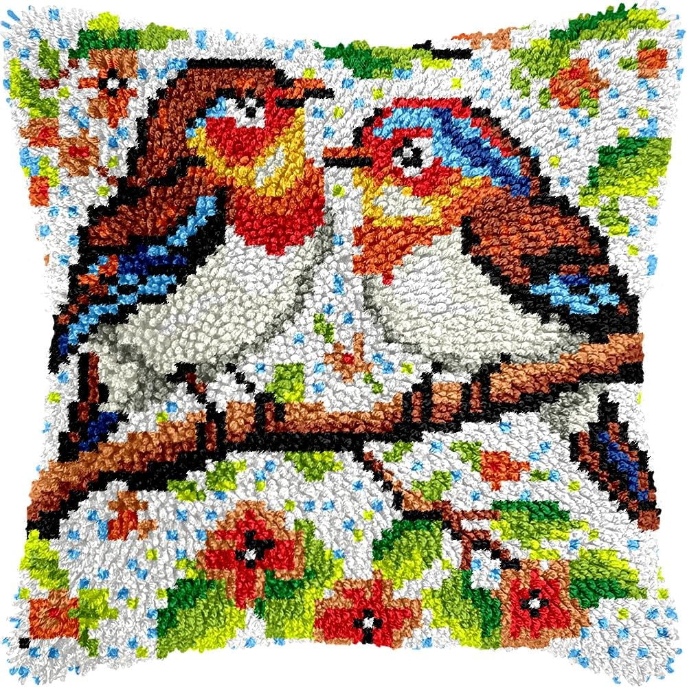 Birds & Flowers Latch Hook Kits Pillow kits Cushion Throw Pillow Embroidery Craft Kits DIY Kits of DIY Hooking Pillowcase Cover Supplier with Color Printed Canvas 43x43cm (205)