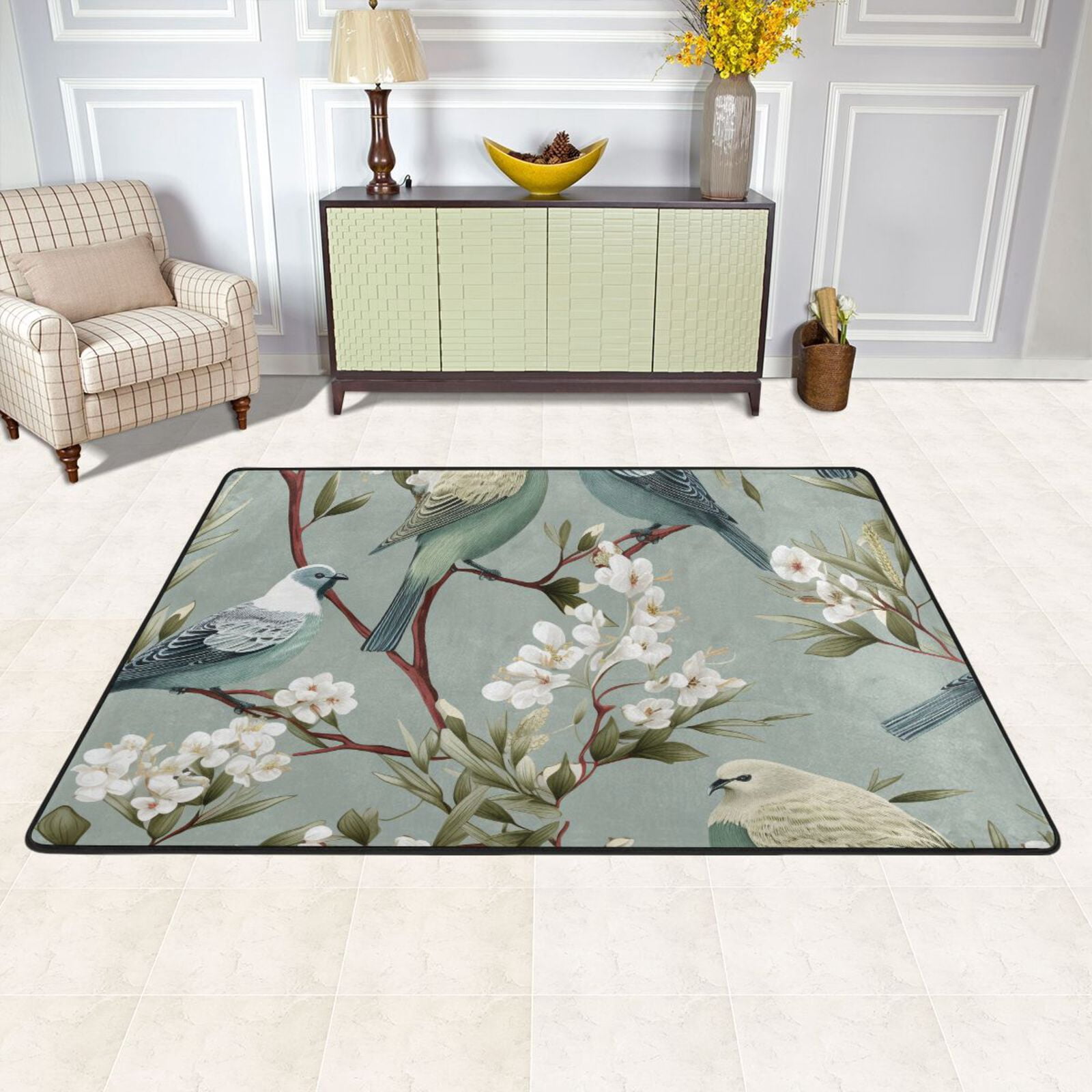 Birds Flowers Leaves Branches Area Rug Washable 72 x 48 Floor Carpet ...
