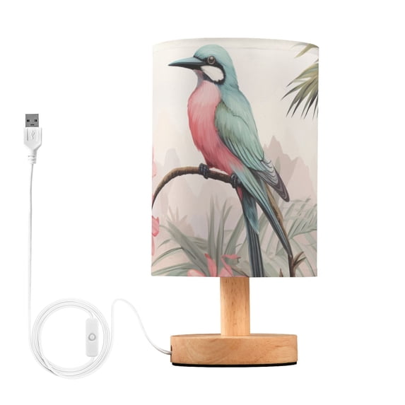 Birds Flowers Leaves Table Lamp USB Bedside Desk Nightstand Lamp Printed Gifts Small Lamp Wood Base for Bedroom Living Room Kids Room College Dorm