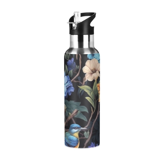 Birds Flowers Leaves Woods Sports Water Bottle with Straw Lid Insulated Stainless Steel Leak Proof BPA Free Thermal Mug with Handle for Gym Yoga Cycling Camping