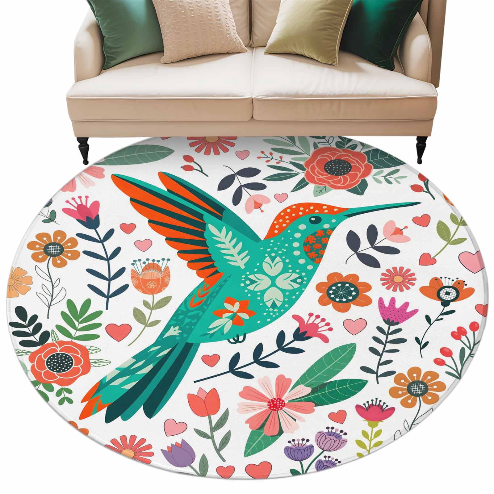 Birds Flowers Round Rug 6ft Washable Circle Kitchen Rugs Non Slip ...
