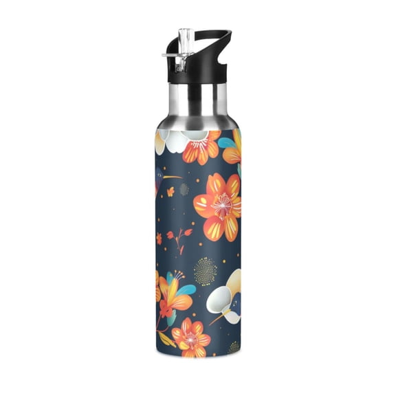 Birds with Flowers Sports Water Bottle with Straw Lid Insulated Stainless Steel Leak Proof BPA Free Thermal Mug with Handle for Gym Yoga Cycling Camping
