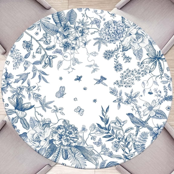 Birds and Flowers Spring Round Fitted Tablecloth with Elastic Edge Waterproof Washable Blue Sketch Table Cloth Fit 40"-44" Round Table Cover for Kitchen Dining Picnic Outdoor Party Decor
