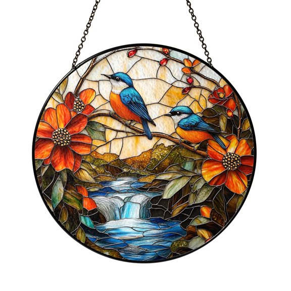 Birds Flowers Stream Landscape Stained Glass Style Suncatcher Window Hanging Decor, Nature Decorative Glass Panel Art Window Ornament Scenic Home Decor Gift