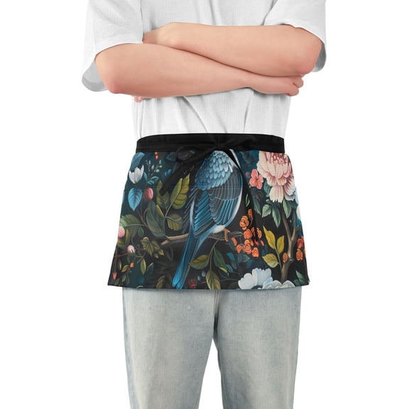 Birds Flowers Waist Apron Adjustable Server Half Apron Kitchen Cooking with 3 Pockets for Men Women