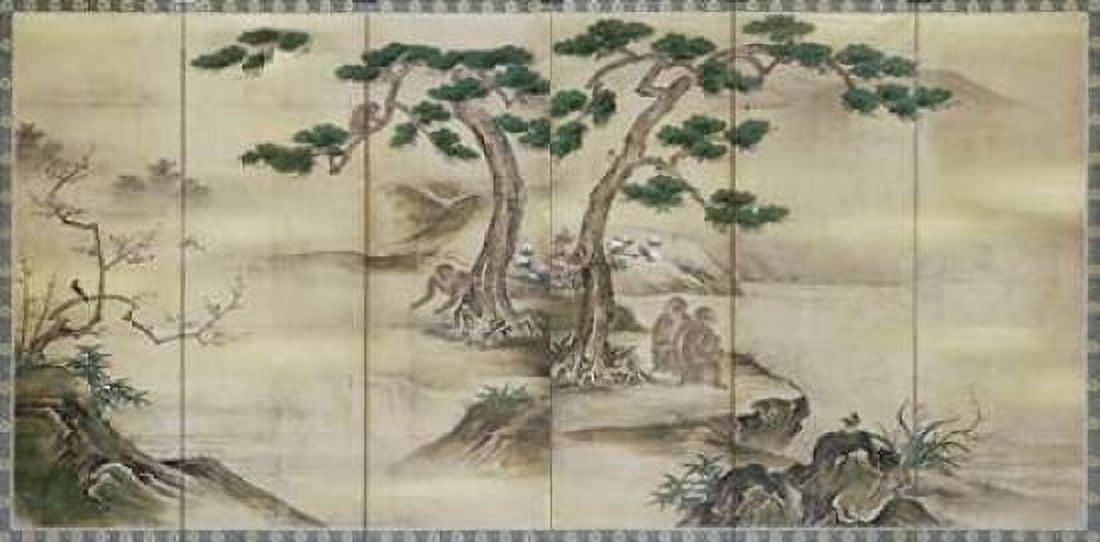 Birds Flowers and Monkeys Six-Panel Screen Canvas Art - Kano School (24 x 48)