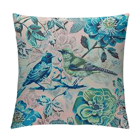 Birds Fluffy Throw Pillow Cushion Cover, Springtime Illustration with Blooming Flowers and Sparrows Abstract Nature Art, Rectangle Accent Pillow Case,Blue Pale Green