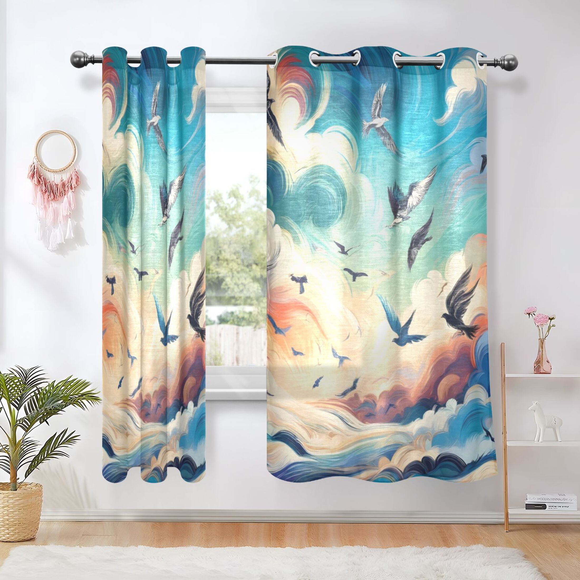 Birds Fly in Fantastic Sky Sheer Curtains 2 Panels Set Grommet Drapes ...
