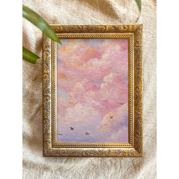 Birds Flying In Cotton Candy Clouds, Pink Skies Print, Magical Light Hope Art