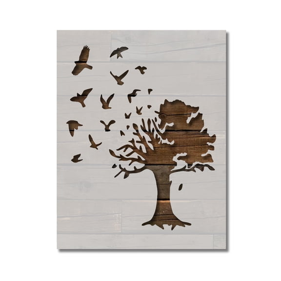 Birds Flying Out Large Country Tree Stencil Template Reusable 8.5 x 11 for Painting on Walls, Wood, Etc. By Stencilville