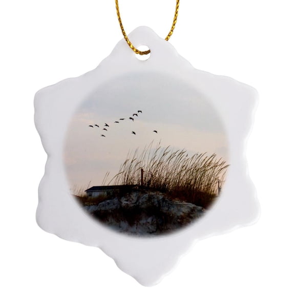 3drose, Birds Flying over St Augustine Florida Beach Dune, 3 inch Snowflake Porcelain Ornament