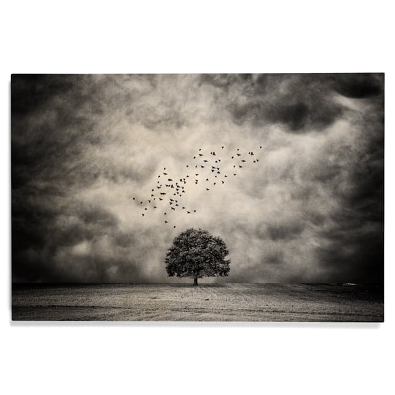 Lantern Press 12x18 Inch Premium Wood Sign, Ready to Hang Wall Decor, Birds Flying over Lone Tree, Black and White