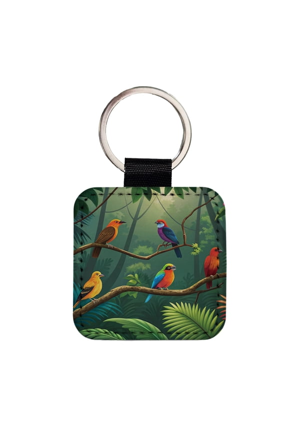 Birds In Jungle Colorful Faux Leather Square Keychain