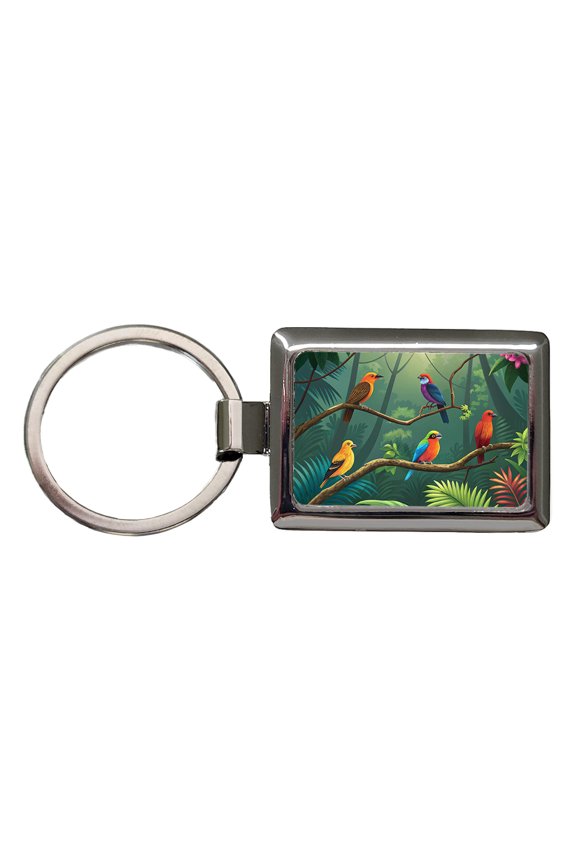 Birds In Jungle Colorful Metal Rectangle Keychain