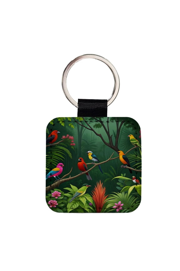 Birds In Jungle Trees Ferns Faux Leather Square Keychain