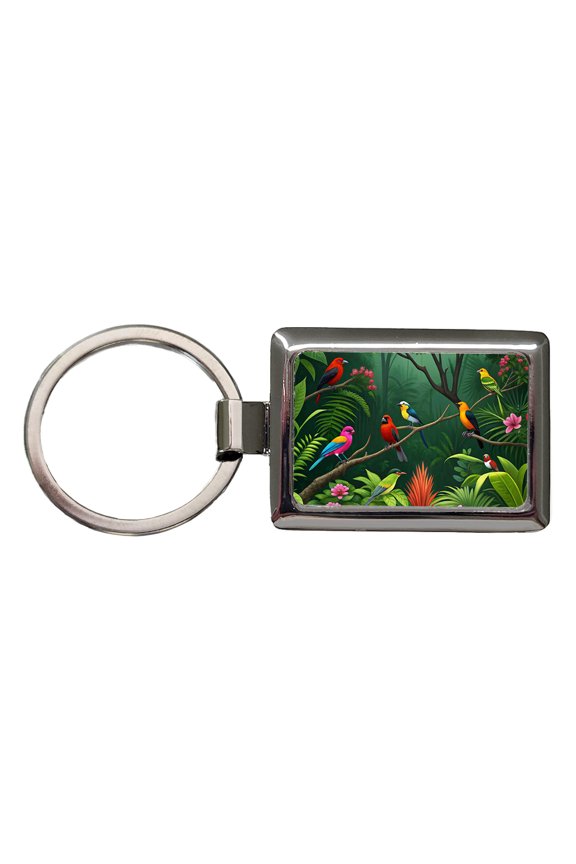 Birds In Jungle Trees Ferns Metal Rectangle Keychain
