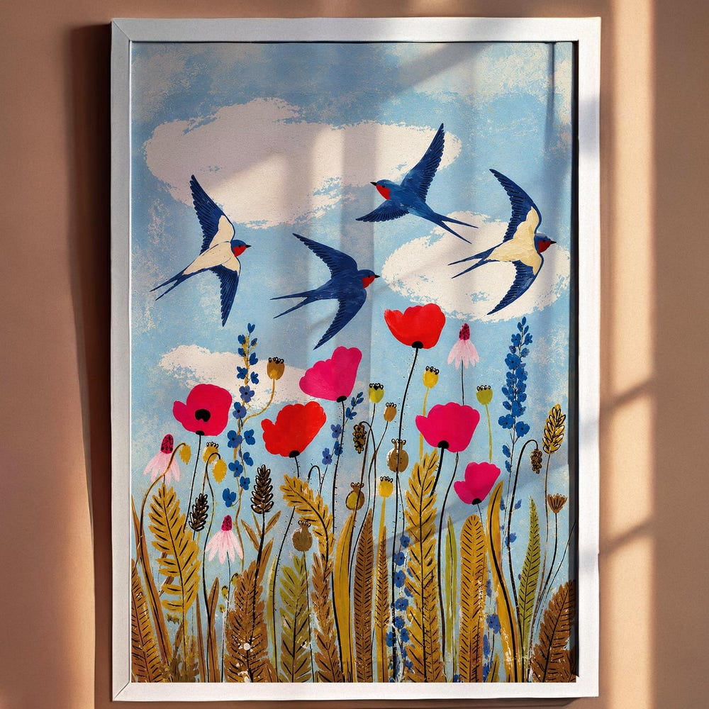 Birds Japanese Wildflower Meadow Botanical Poster - Walmart.com