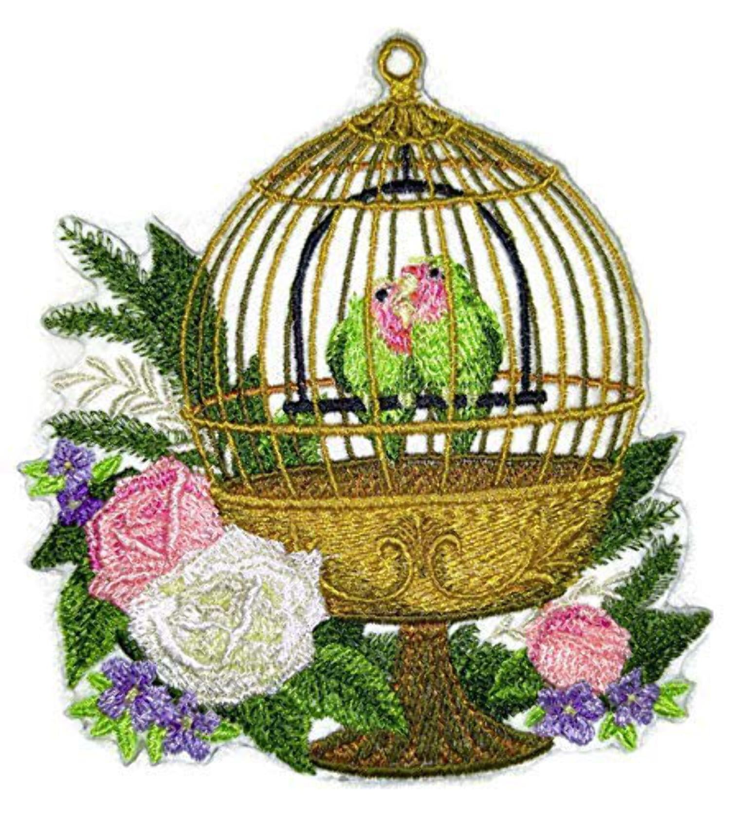 Birds Kingdom [Lovebirds with Cage ] Embroidered Iron on patch [5.28" X 4.85"]