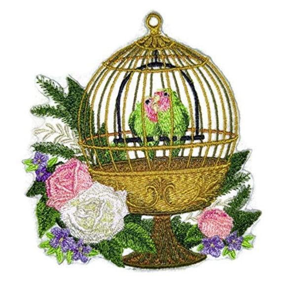 Birds Kingdom [Lovebirds with Cage ] Embroidered Iron on patch [5.28" X 4.85"]