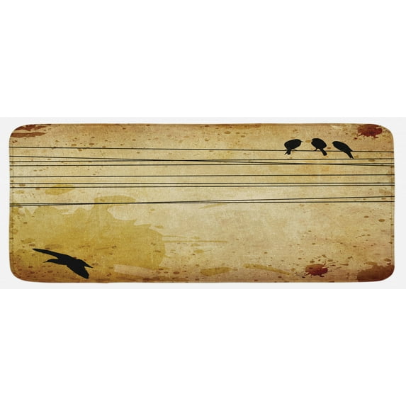Birds Kitchen Mat, Cables and Animals Image on Vintage Paper Style Background Paint Stains Pattern Print, Plush Decorative Kitchen Mat with Non Slip Backing, 47" X 19", Mustard, by Ambesonne