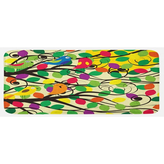 Birds Kitchen Mat, Cheerful Happy Birds Singing on Lively Tree Branches with Colorful Spring Leaves, Plush Decorative Kitchen Mat with Non Slip Backing, 47" X 19", Multicolor, by Ambesonne