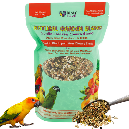 Birds LOVE Natural Garden Sunflower-Free Conure Bird Food, 2 lb, Dry Seed & Fruit Blend for Conures and Similar Sized Parrots