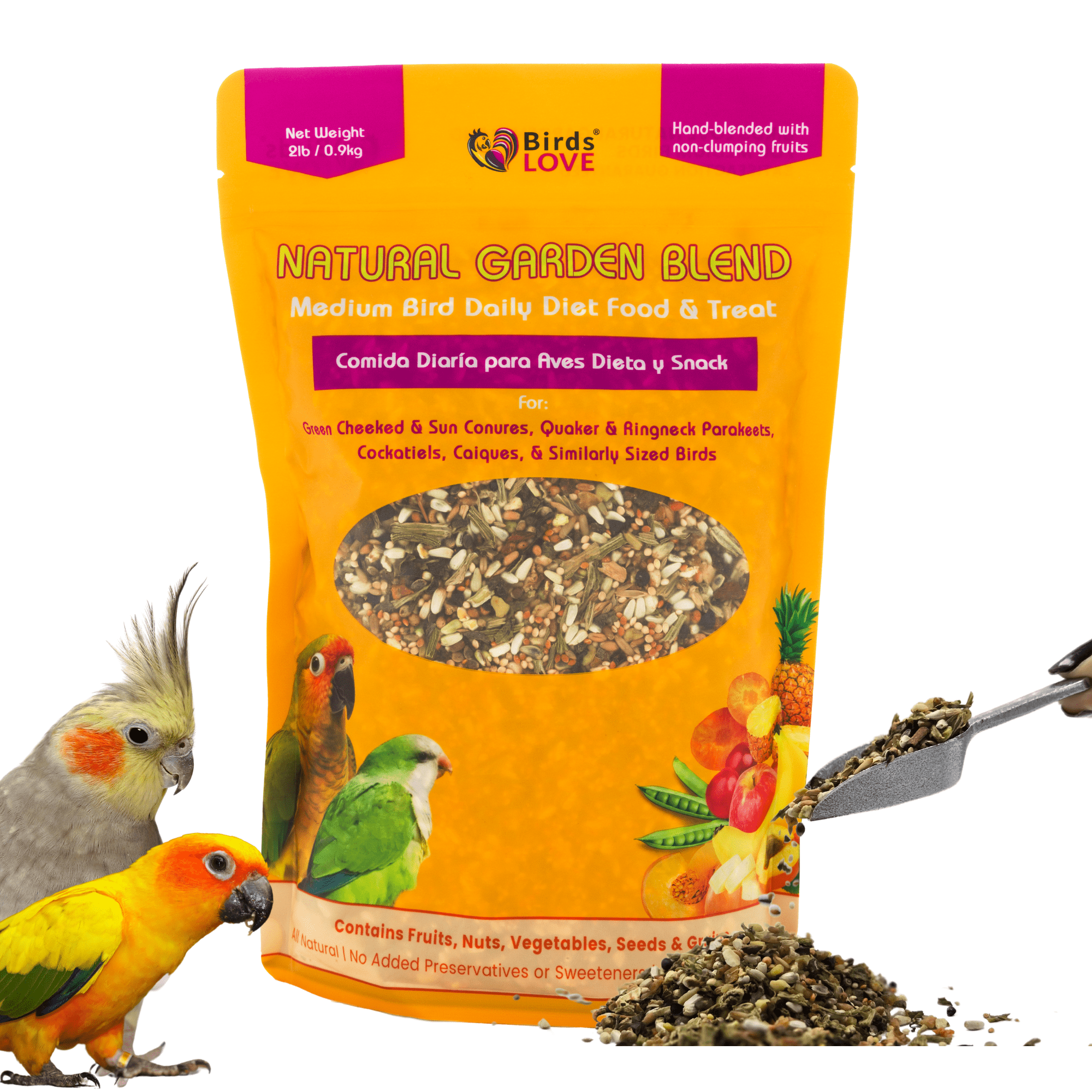 Birds LOVE All Natural Garden Blend Bird Food for Medium Birds, Fruit, Nut, Vegetable & Seed Mix for Cockatiels, Conures, Parakeets & Small Quakers, Resealable Freshness Bag, 2 lb