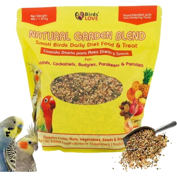 Birds LOVE Natural Garden Blend Bird Food for Small Birds, All Natural Fruit Seed and Nut Mix for Lovebirds, Cockatiels, Budgies, Parakeets and Parrotlets, Daily Bird Food Blend, 4 lb Resealable Bag