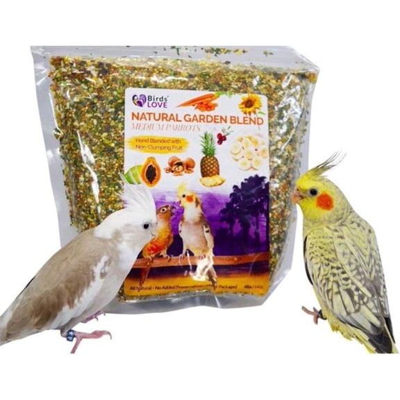 Birds LOVE Natural Garden Blend Bird Food for Medium Birds, Seed and Fruit Blend with Nuts, Vegetables and Grains, Daily Diet Food for Cockatiels, Conures, Ringneck Parakeets and Small Quakers, 4 lb