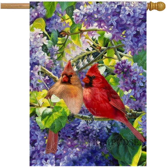 Birds and Lilacs Spring Summer House Flag Cardinals 28x40 Inch Double Sided, Decorative Garden Flags for Anniversary Yard Outside Holiday Seasonal Decoration