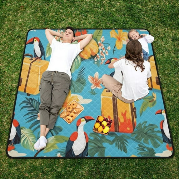 Birds Luggages Bags Leaves Flowers Beach Blanket Outdoor Picnic Blanket 78"x 78" Waterproof Foldable for Beach Camping Travel Hiking Grass Lawn Park