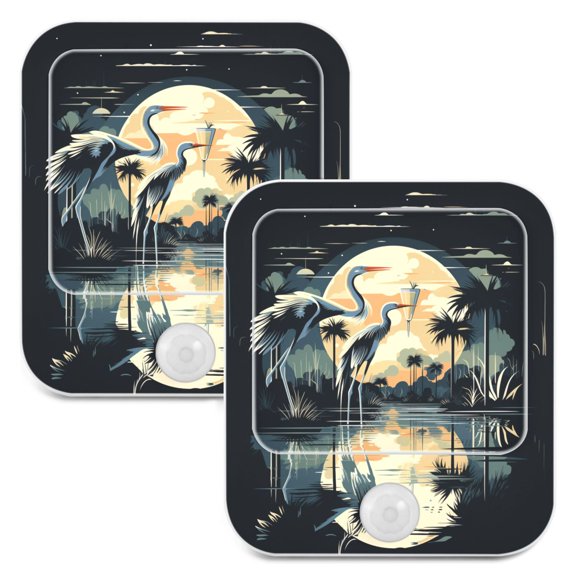 Birds with Moon Coconut Trees Lake Night Lights Plug into Wall LED with Auto Light Sensor Warm Light for Kids Hallway Bedroom Living Room Kitchen Bathroom Set of 2