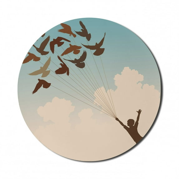 Birds Mouse Pad for Computers, Silhouette of Boy Carried by Flying Pigeons Inspiration Follow Your Dreams Print Home, Round Non-Slip Thick Rubber Modern Mousepad, 8" Round, Multicolor, by Ambesonne