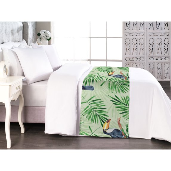 Birds and Nature Bed Runner, Exotics Theme Tropical Toucan Pattern with Leaves Greenery Art, Decorative Accent Bedding Scarf for Hotels Homes & Guest Rooms, Queen, Purpleblue Fern Green, by Ambesonne