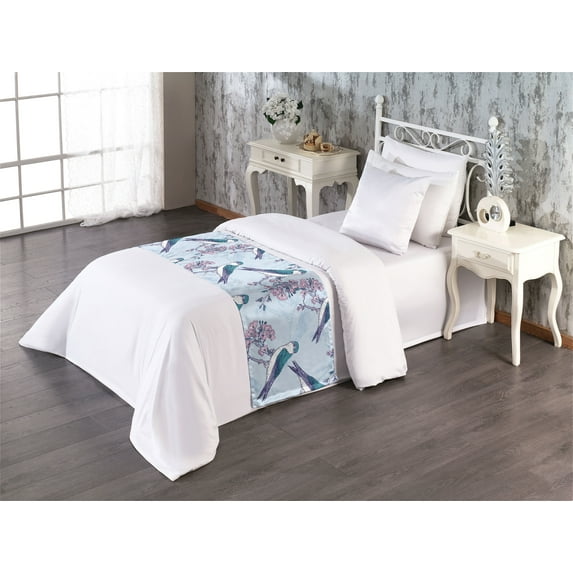 Birds and Nature Bed Runner, Japanese Inspire Sakura Flowers Pattern with Birds Chill Art, Decorative Accent Bedding Scarf for Hotels Homes & Guest Rooms, Twin, Dark Seafoam Pastel Pink, by Ambesonne