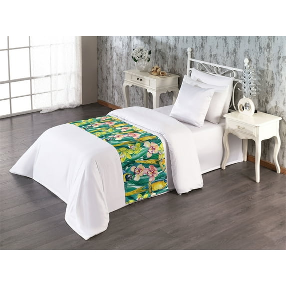 Birds and Nature Bed Runner, Realist Macaw on Branches with Leaves Greenery and Orchid Art, Decorative Accent Bedding Scarf for Hotels Homes & Guest Rooms, Twin, Yellow Jade Green Coral, by Ambesonne